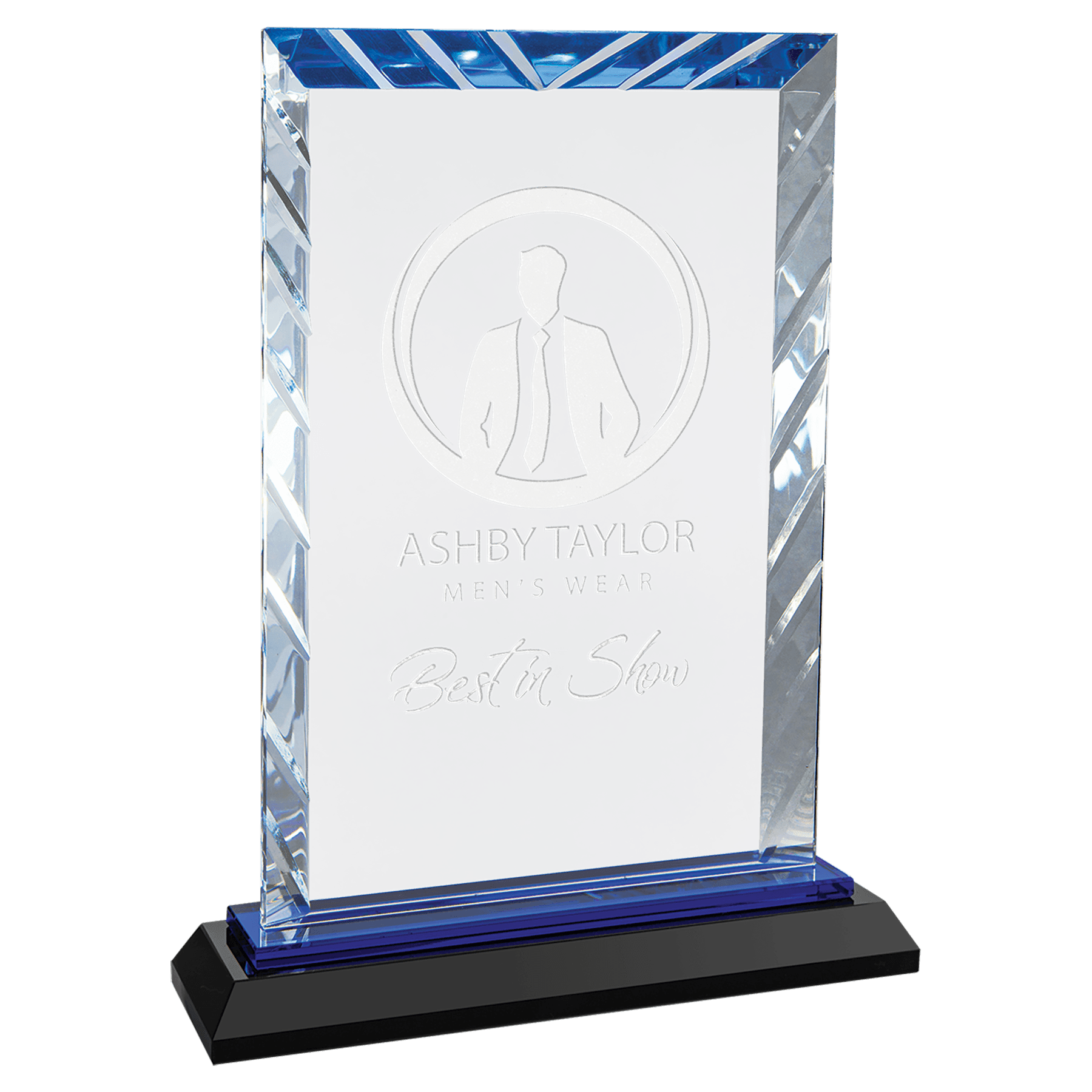 Clear Rectangle Accent Glass on Black and Blue Reflective Base - 8"