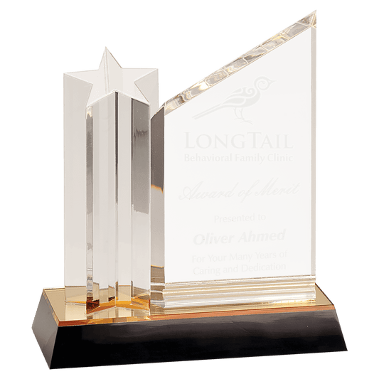Clear Star Column Acrylic with Clear Plaque and Gold/Black Base - 8"