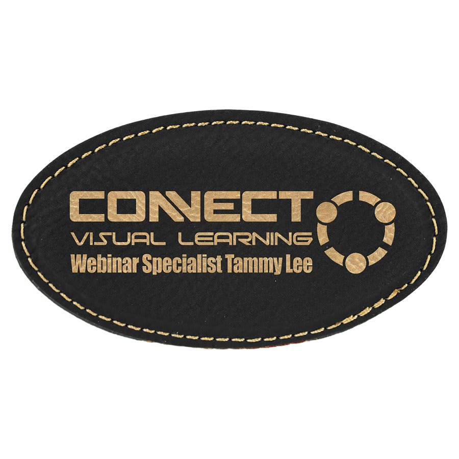 3 1/4" x 1 3/4" Black/Gold Laserable Leatherette Oval Badge Blank with Magnet