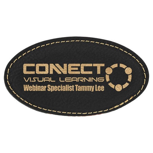 3 1/4" x 1 3/4" Black/Gold Laserable Leatherette Oval Badge Blank with Magnet