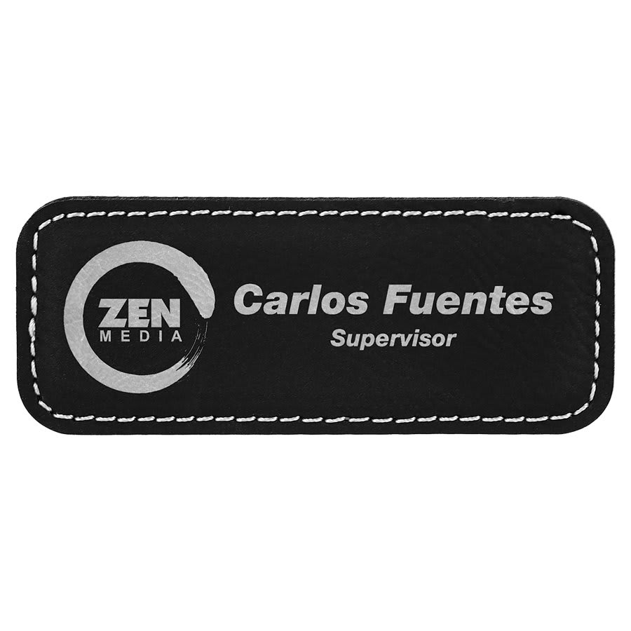 Black/Silver Engravable Leatherette Badge Blank with Magnet - 3 1/4" x 1 1/4"