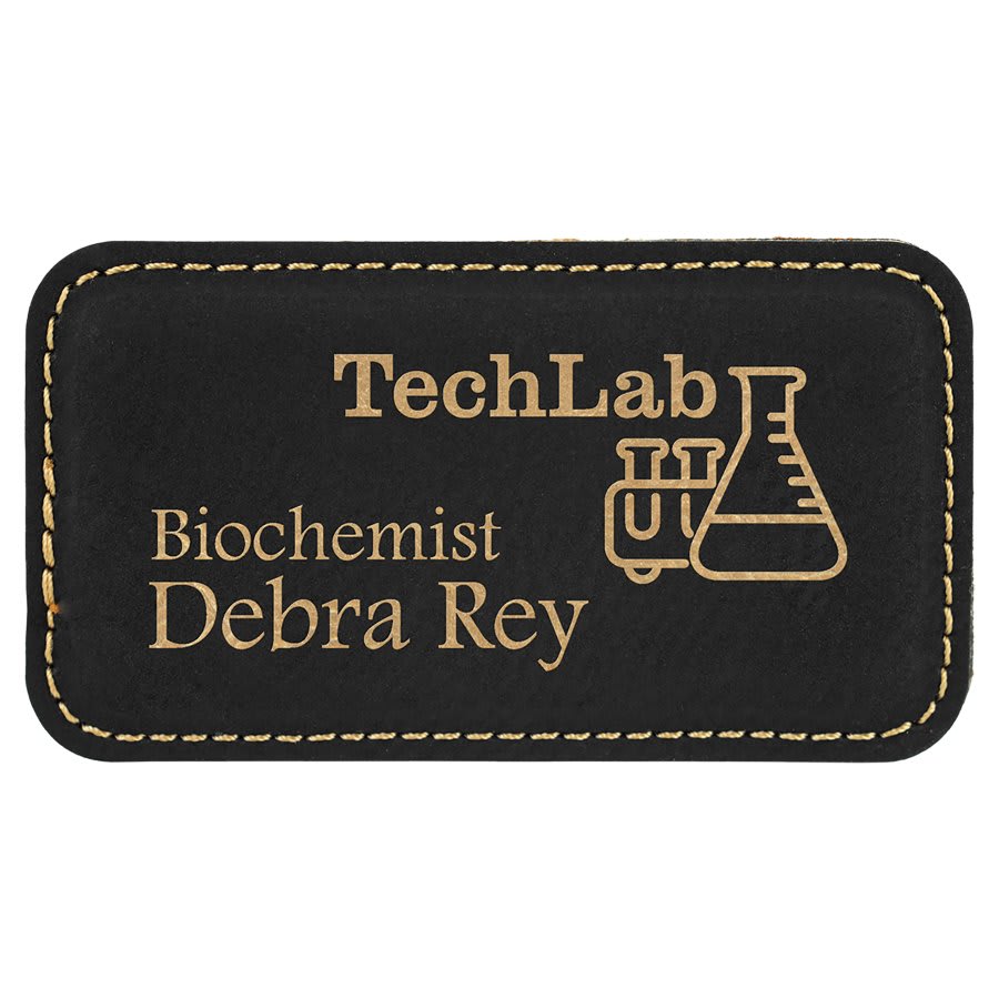 3 1/4" x 1 3/4" Black/Gold Laserable Leatherette Badge Blank with Magnet