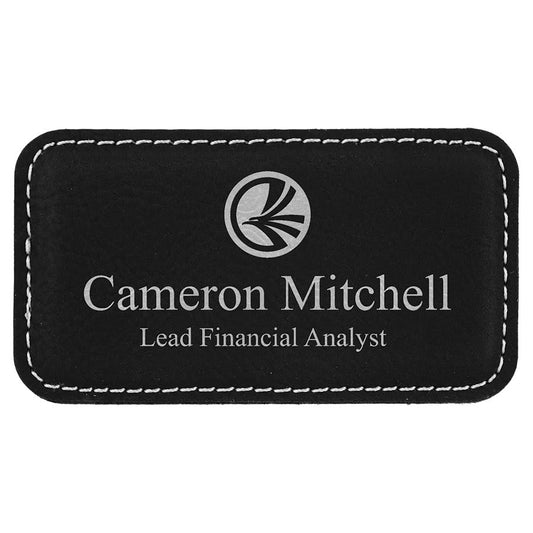 3 1/4" x 1 3/4" Black/Silver Laserable Leatherette Badge Blank with Magnet