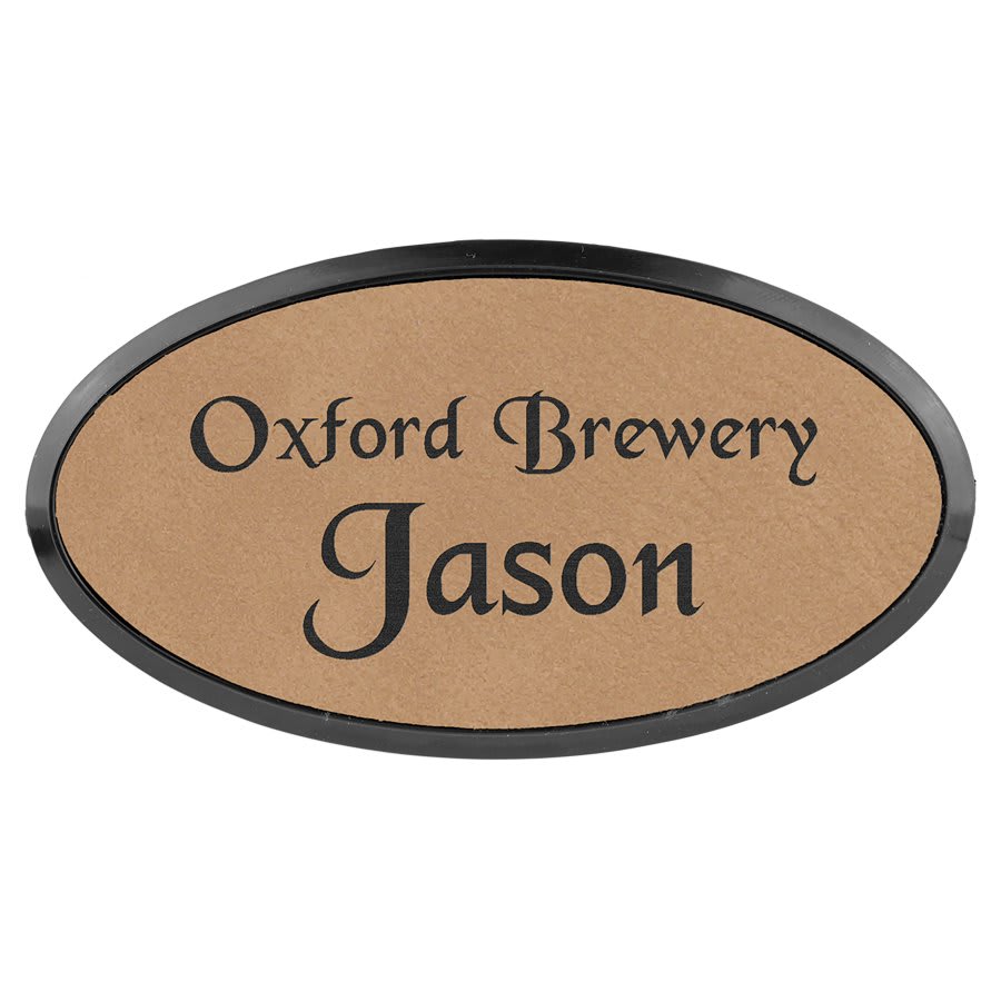 Light Brown Engravable Leatherette Oval Badge & Frame - 3" x 1 1/2"