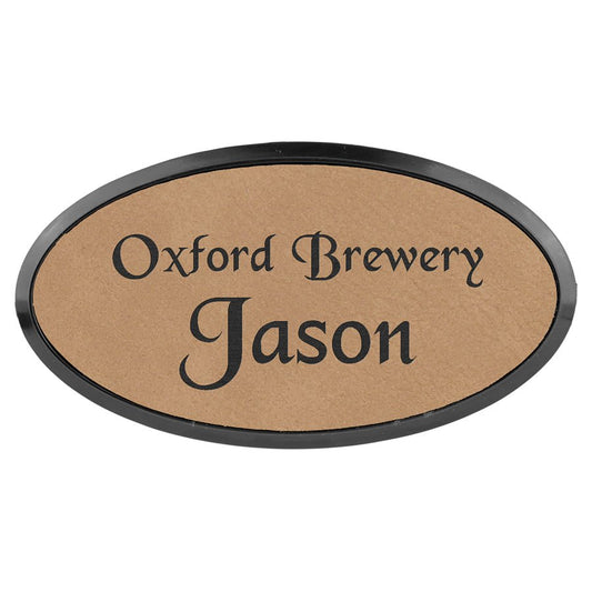 Light Brown Engravable Leatherette Oval Badge & Frame - 3" x 1 1/2"