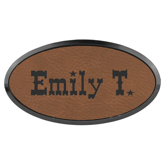 Dark Brown Engravable Leatherette Oval Badge & Frame - 3" x 1 1/2"