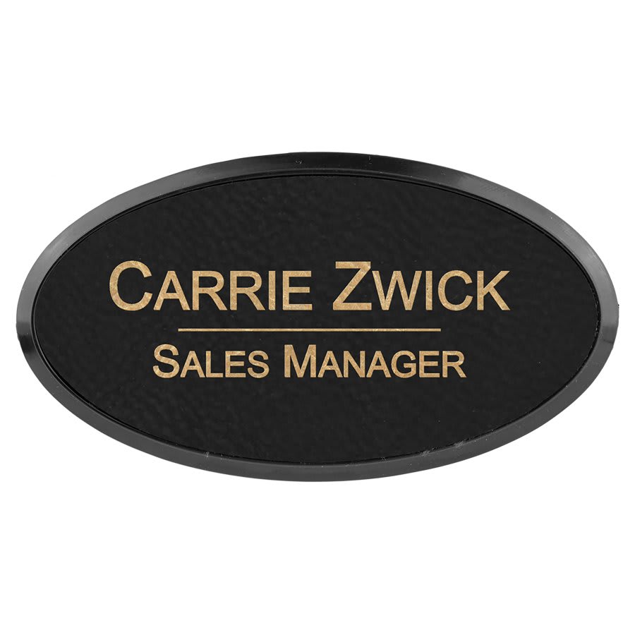 Black/Gold Engravable Leatherette Oval Badge & Frame - 3" x 1 1/2"