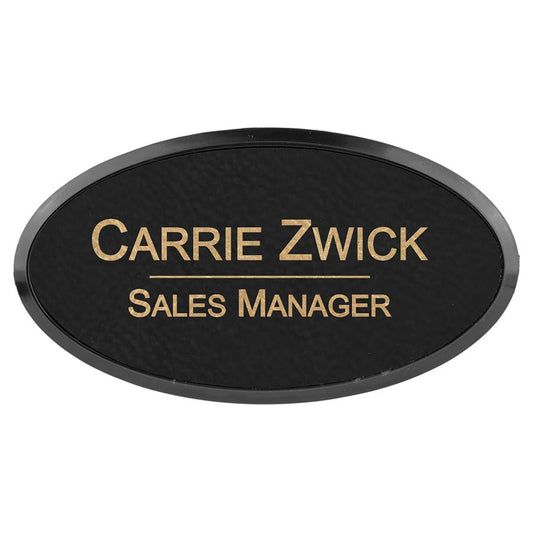 Black/Gold Engravable Leatherette Oval Badge & Frame - 3" x 1 1/2"