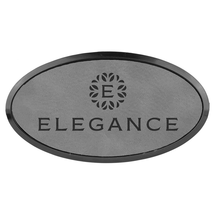 Gray Engravable Leatherette Oval Badge & Frame - 3" x 1 1/2"