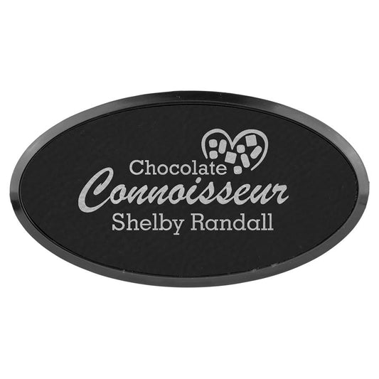 Black/Silver Engravable Leatherette Oval Badge & Frame - 3" x 1 1/2"
