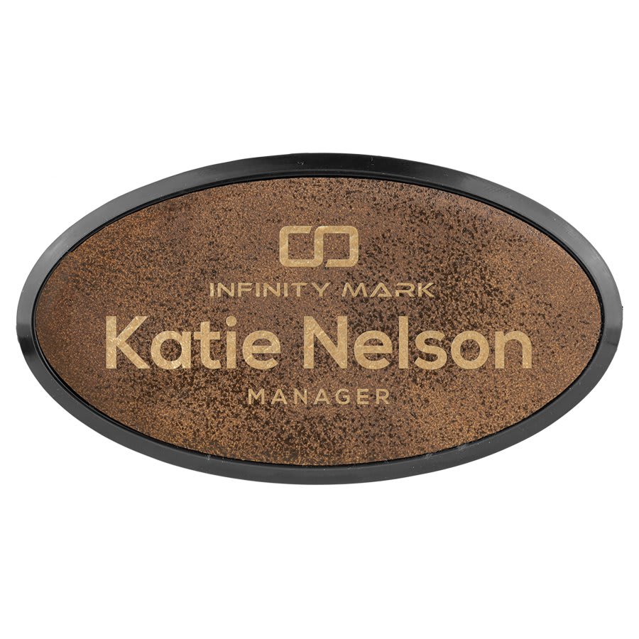 Rustic/Gold Engravable Leatherette Oval Badge & Frame - 3" x 1 1/2"