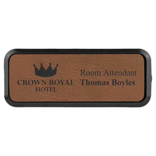 Dark Brown Engravable Leatherette Round Corner Badge & Frame - 3" x 1"