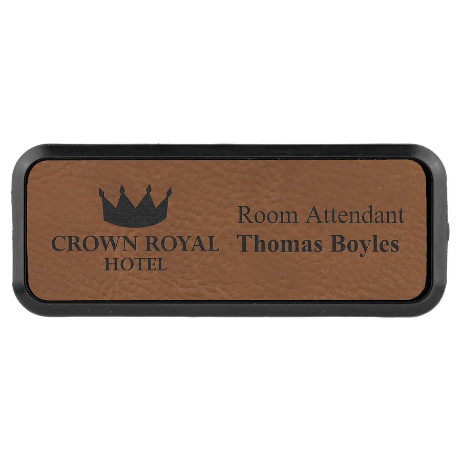 3" x 1" Dark Brown Laserable Leatherette Round Corner Badge & Frame