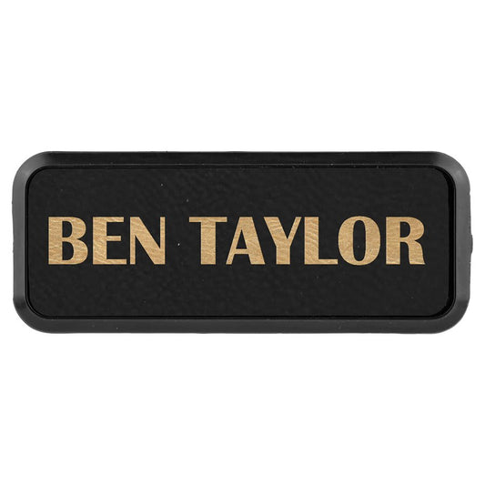 3" x 1" Black/Gold Laserable Leatherette Round Corner Badge & Frame