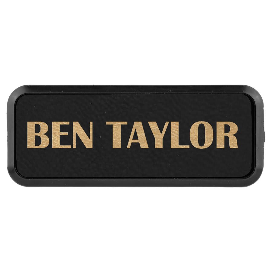 Black/Gold Engravable Leatherette Round Corner Badge & Frame - 3" x 1"