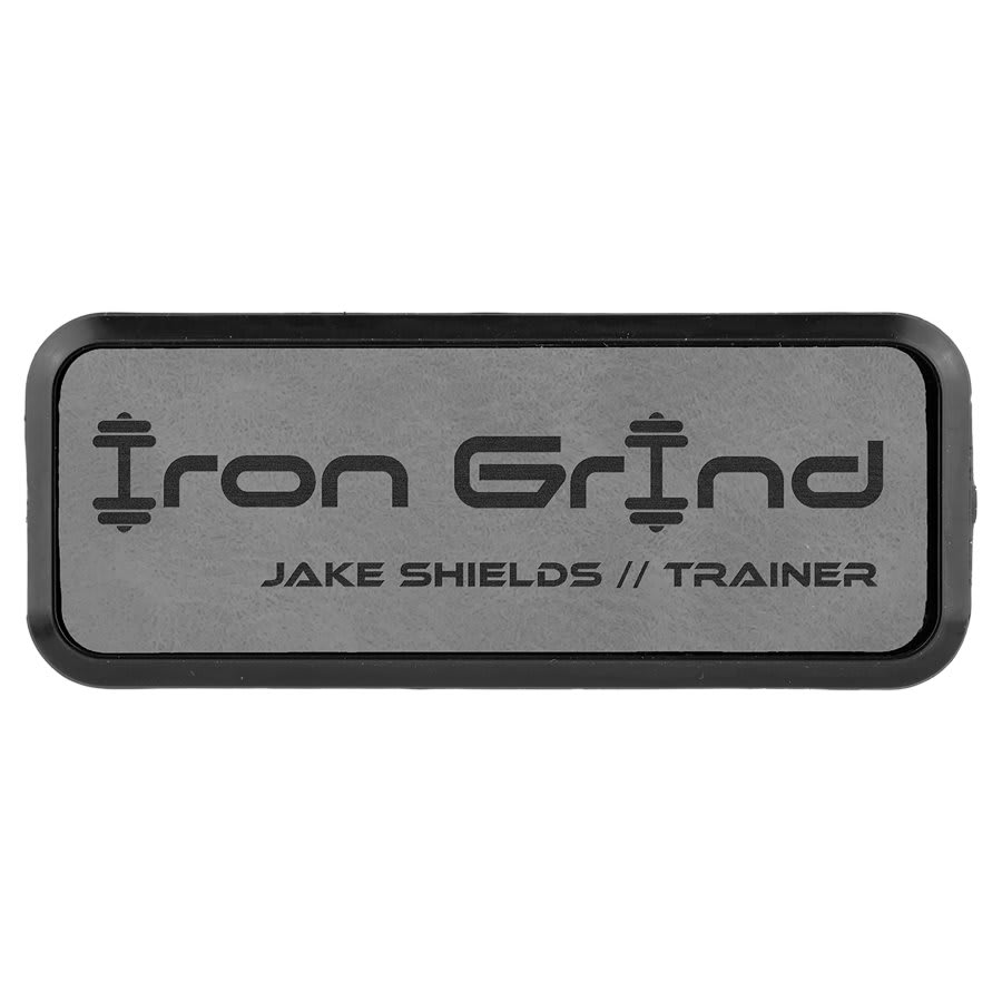 Gray Engravable Leatherette Round Corner Badge & Frame - 3" x 1"