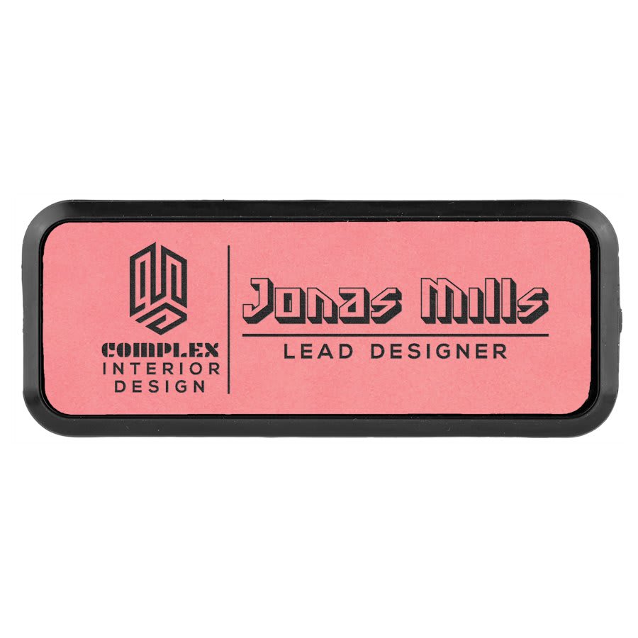 Pink Engravable Leatherette Round Corner Badge & Frame - 3" x 1"