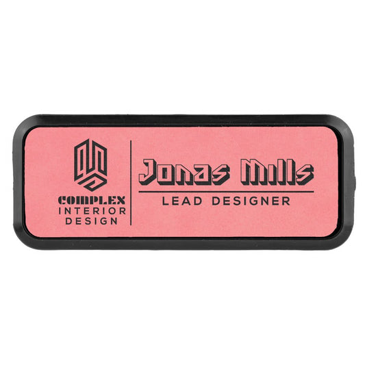 3" x 1" Pink Laserable Leatherette Round Corner Badge & Frame