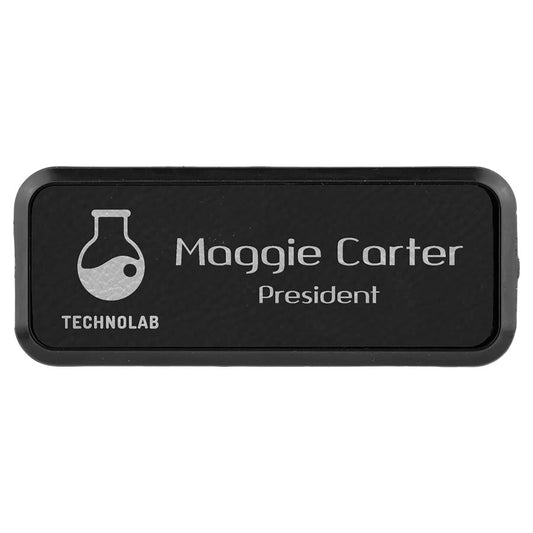 Black/Silver Engravable Leatherette Round Corner Badge & Frame - 3" x 1"