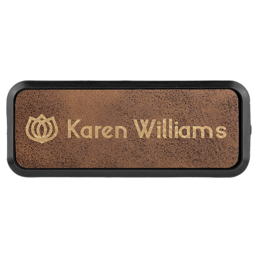 Rustic/Gold Engravable Leatherette Round Corner Badge & Frame - 3" x 1"