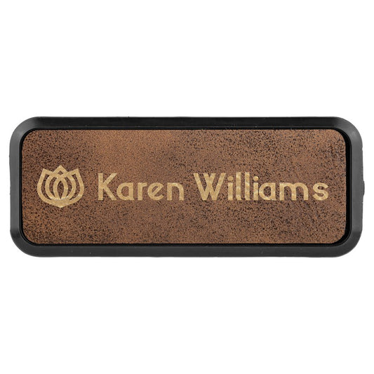 Rustic/Gold Engravable Leatherette Round Corner Badge & Frame - 3" x 1"