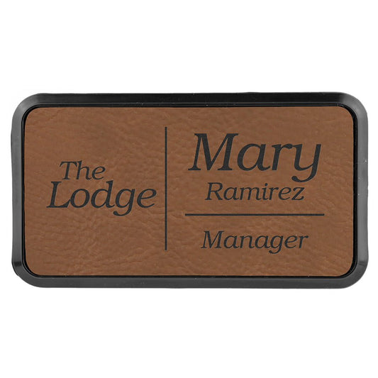 Dark Brown Engravable Leatherette Round Corner Badge & Frame - 3" x 1 1/2"