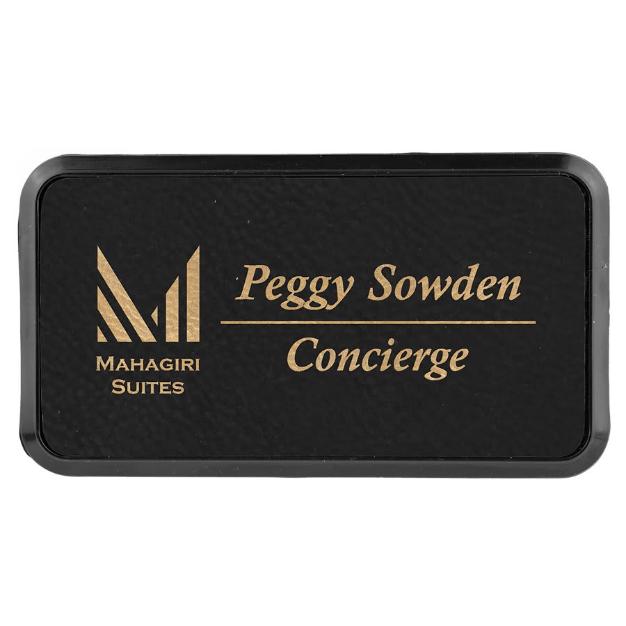 Black/Gold Engravable Leatherette Round Corner Badge & Frame - 3" x 1 1/2"
