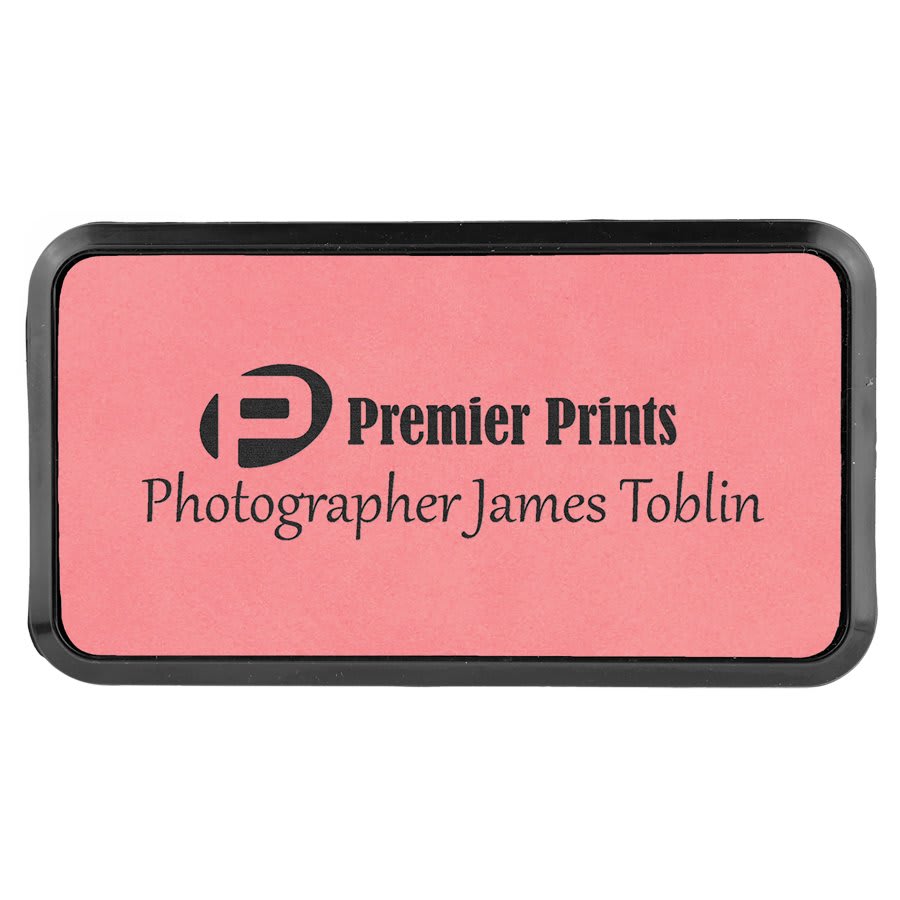 Pink Engravable Leatherette Round Corner Badge & Frame - 3" x 1 1/2"