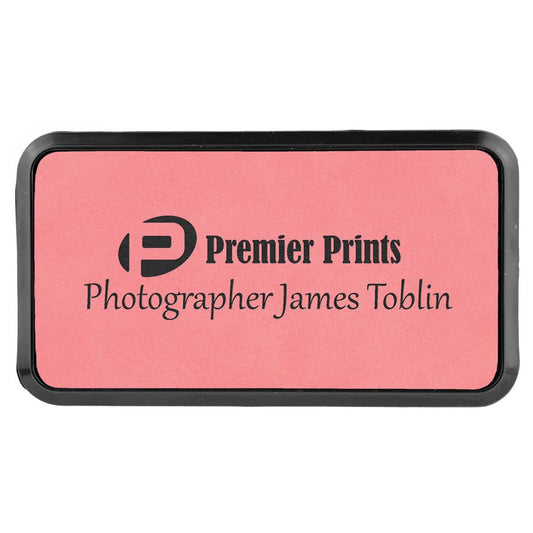 Pink Engravable Leatherette Round Corner Badge & Frame - 3" x 1 1/2"