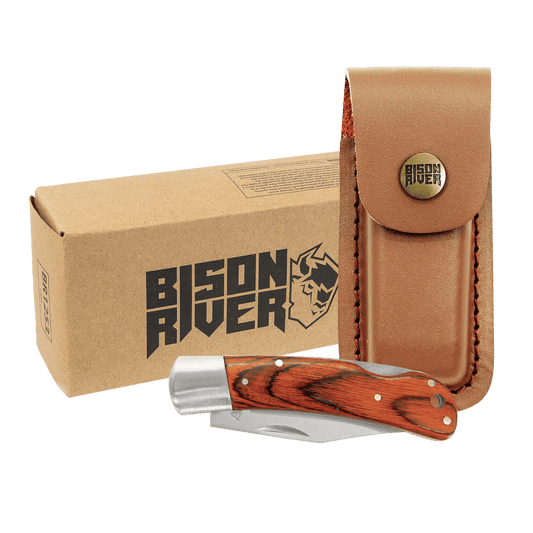 Bison River 4" Wood Folding Knife with Leather Sheath