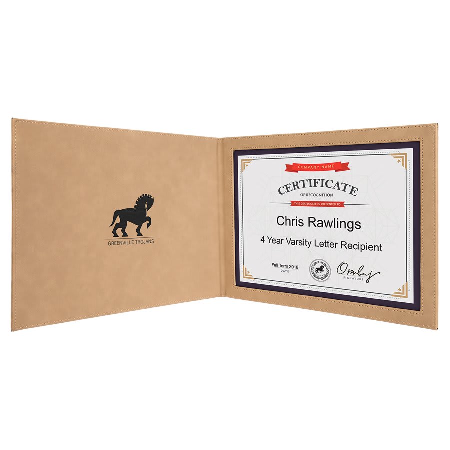 Light Brown Engravable Leatherette Certificate Holder for 8 1/2" x 11 - 9" x 12"