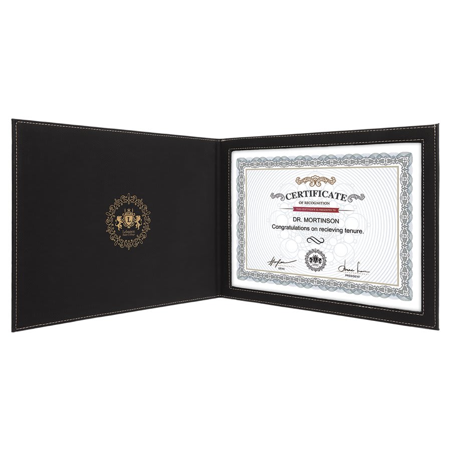 Black/Gold Engravable Leatherette Certificate Holder for 8 1/2" x 11" - 9" x 12"