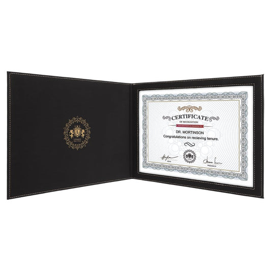 Black/Gold Engravable Leatherette Certificate Holder for 8 1/2" x 11" - 9" x 12"