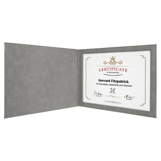 9" x 12" Gray Laserable Leatherette Certificate Holder for 8 1/2" x 11"