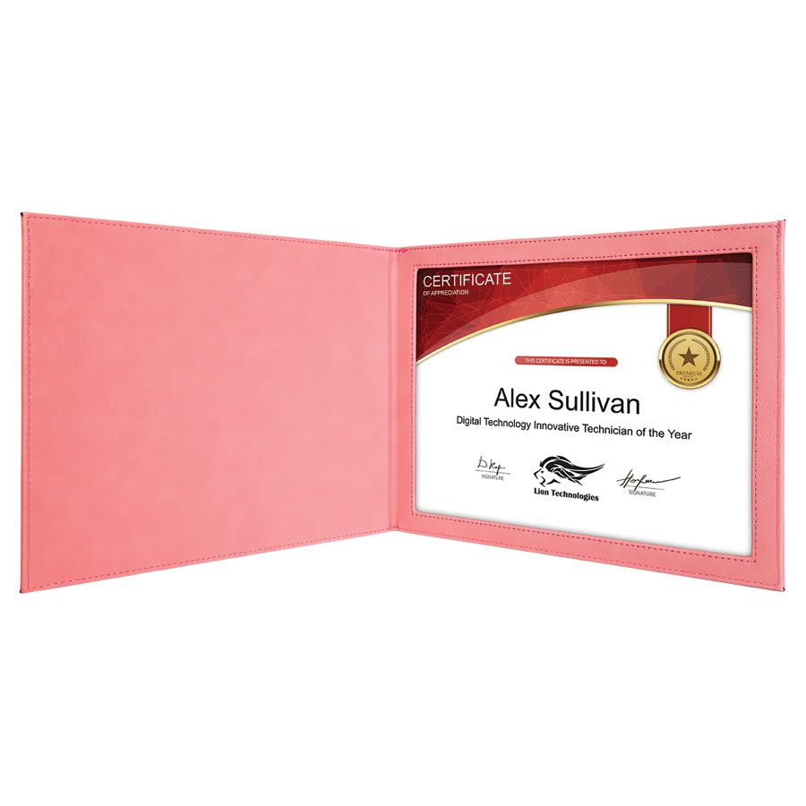 Pink Engravable Leatherette Certificate Holder for 8 1/2" x 11" - 9" x 12"