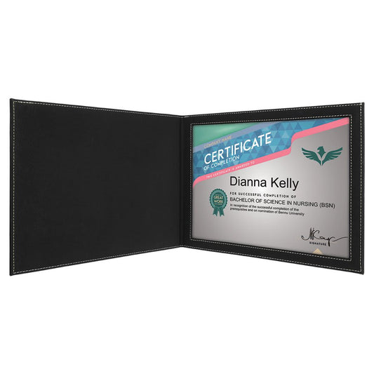 9" x 12" Black/Silver Laserable Leatherette Certificate Holder for 8 1/2" x 11"