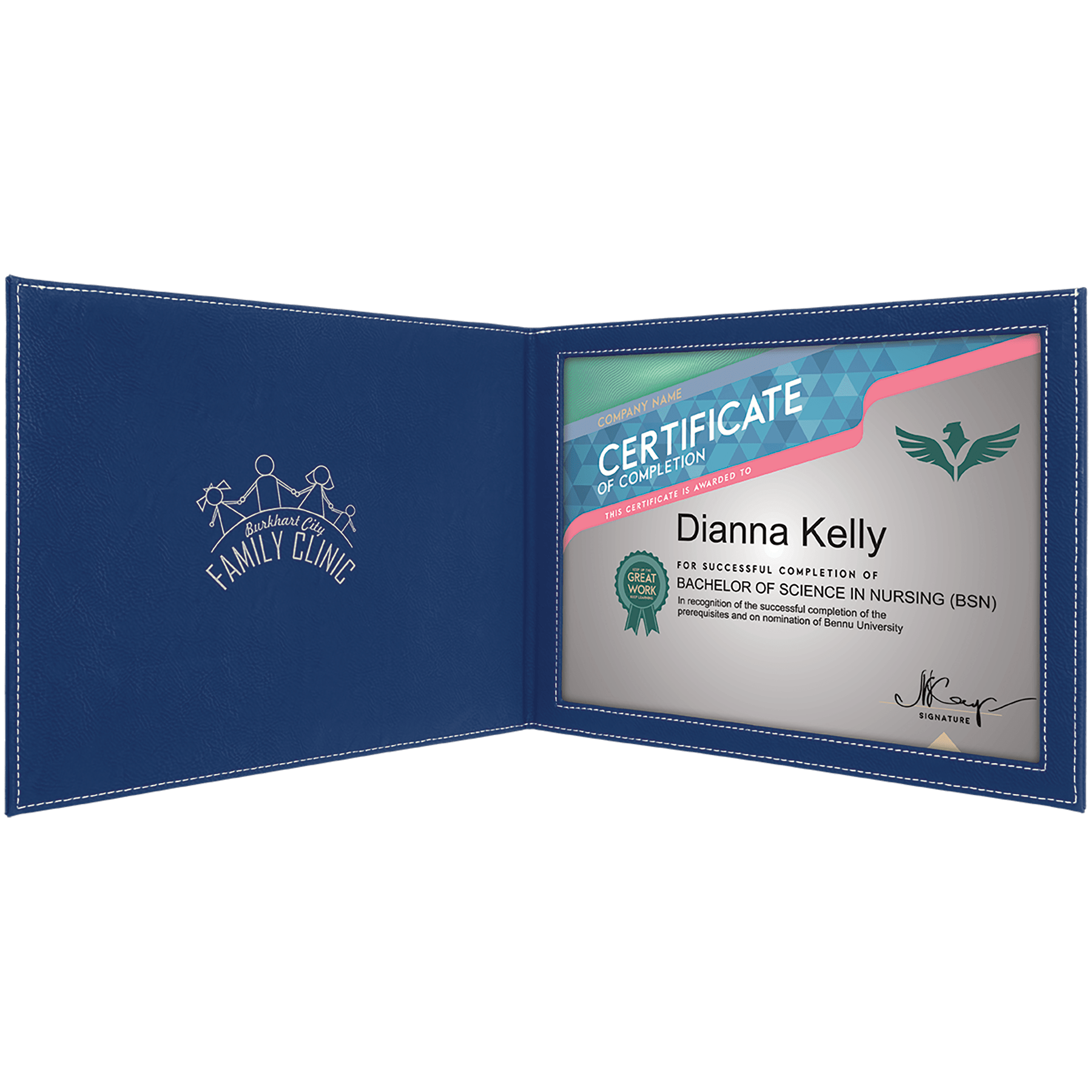 Blue/Silver Engravable Leatherette Certificate Holder for 8 1/2" x 11" - 9" x 12"