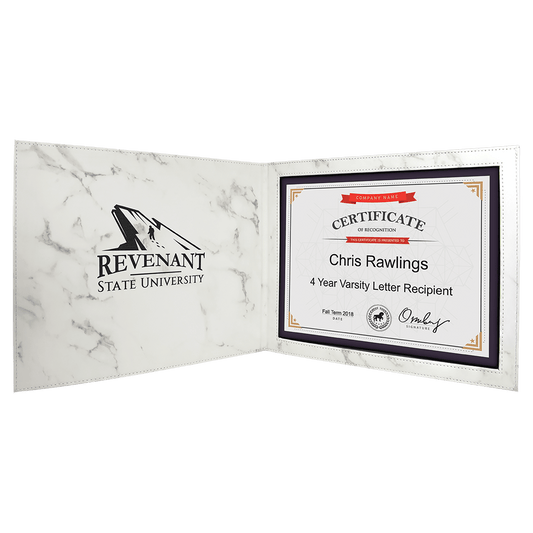 White Marble Engravable Leatherette Certificate Holder for 8 1/2" x 11" - 9" x 12"