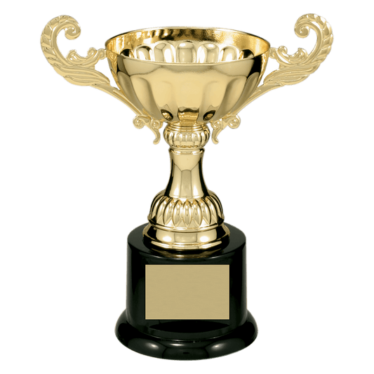Gold Completed Metal Cup Trophy on Plastic Base - 6 1/2"