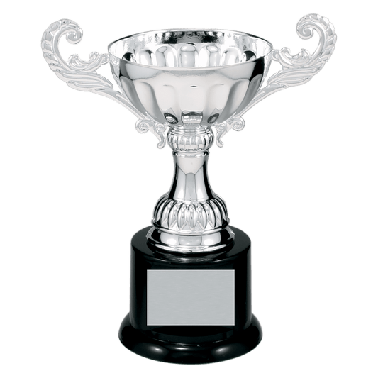 6 1/2" Silver Completed Metal Cup Trophy on Plastic Base