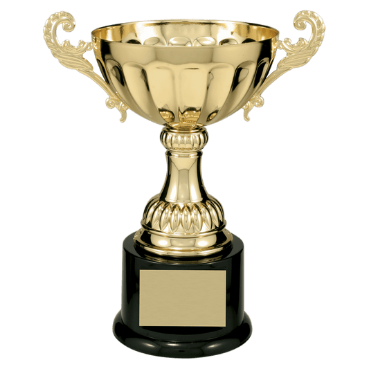 Gold Completed Metal Cup Trophy on Plastic Base - 8 1/2"