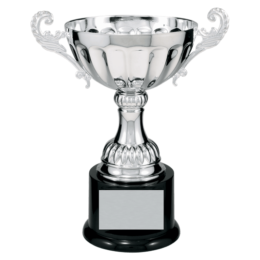 Silver Completed Metal Cup Trophy on Plastic Base - 8 1/2"