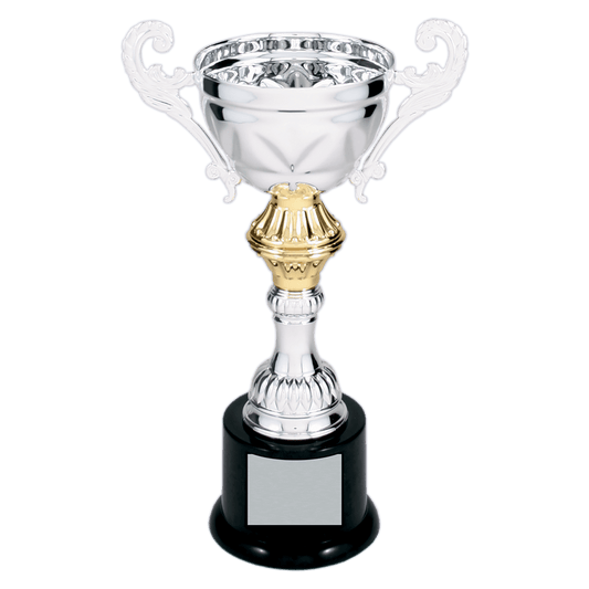 Silver Completed Metal Cup Trophy on Plastic Base - 8 3/4"