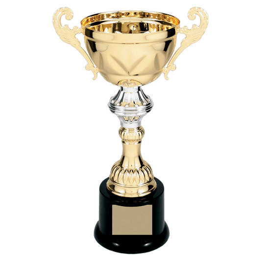 Gold Completed Metal Cup Trophy on Plastic Base - 10"