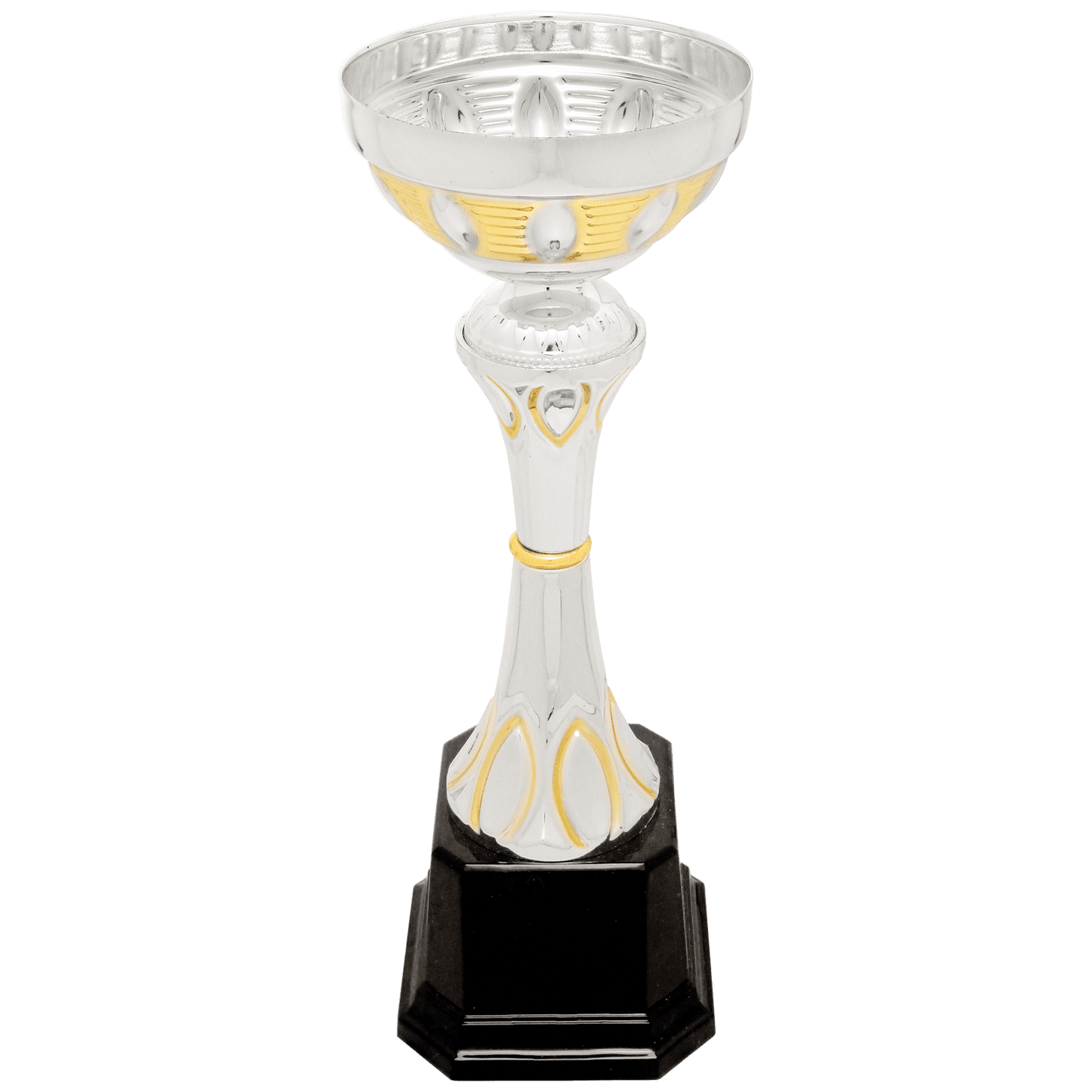 Silver/Gold Completed Metal Cup Trophy on Plastic Base - 9 3/4"