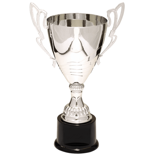 12" Silver Completed Metal Cup Trophy on Plastic Base