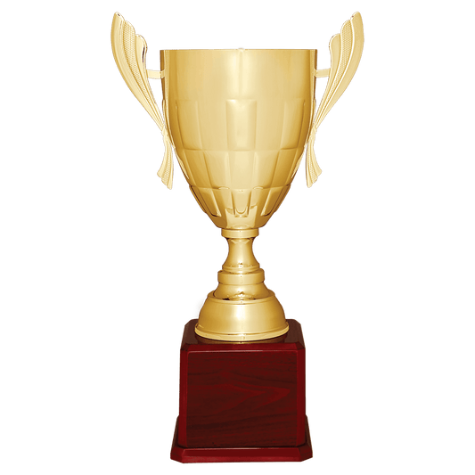 26 1/2" Gold Completed Metal Cup Trophy on Rosewood Royal Piano Finish Base