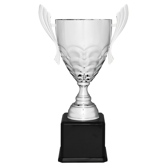 Silver Completed Metal Cup Trophy on Black Royal Piano Finish Base - 25 1/4"
