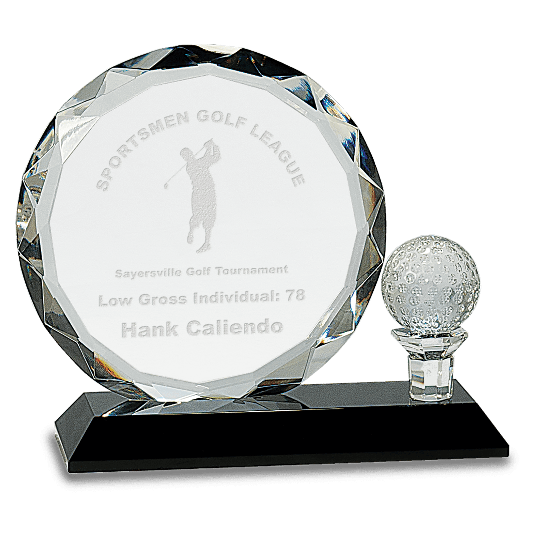 Round Facet Crystal with Golf Ball on Black Pedestal Base - 6 1/2"