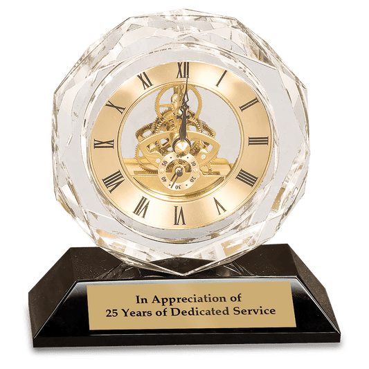 Clear Crystal Clock on Black Pedestal Base - 5 3/4"